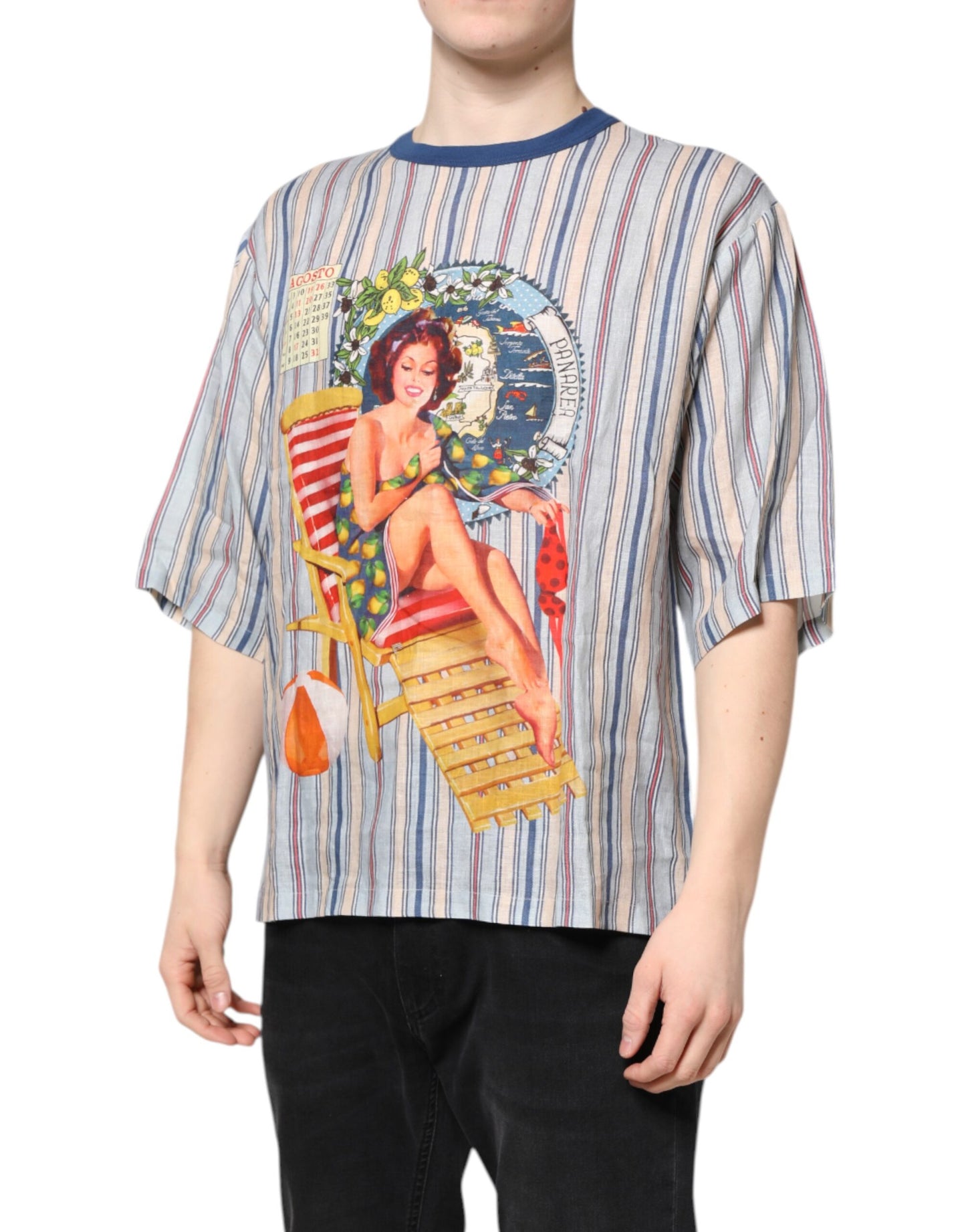 Camiseta Dolce & Gabbana de lino con cuello redondo y estampado de rayas multicolor Pin Up