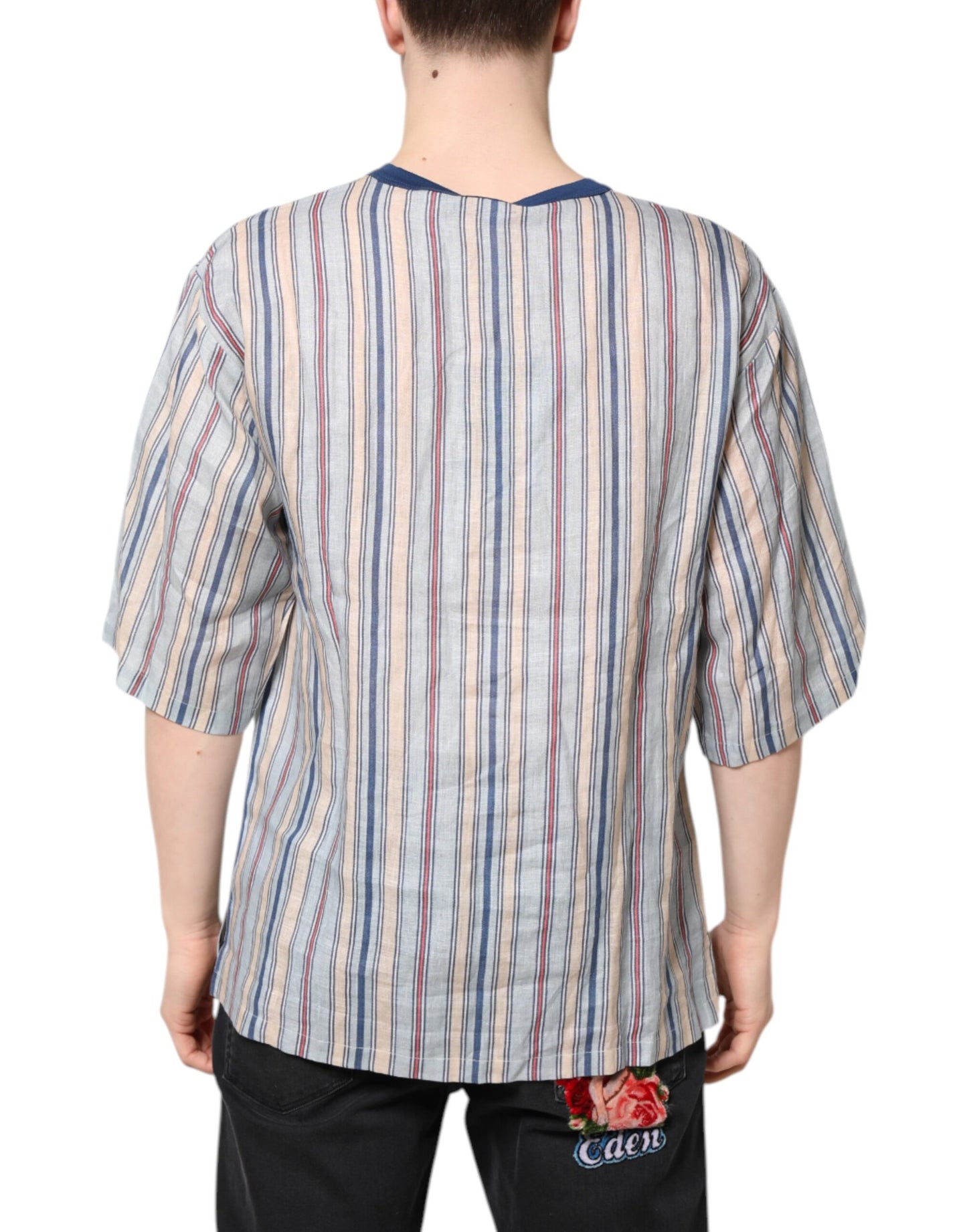 Camiseta Dolce & Gabbana de lino con cuello redondo y estampado de rayas multicolor Pin Up