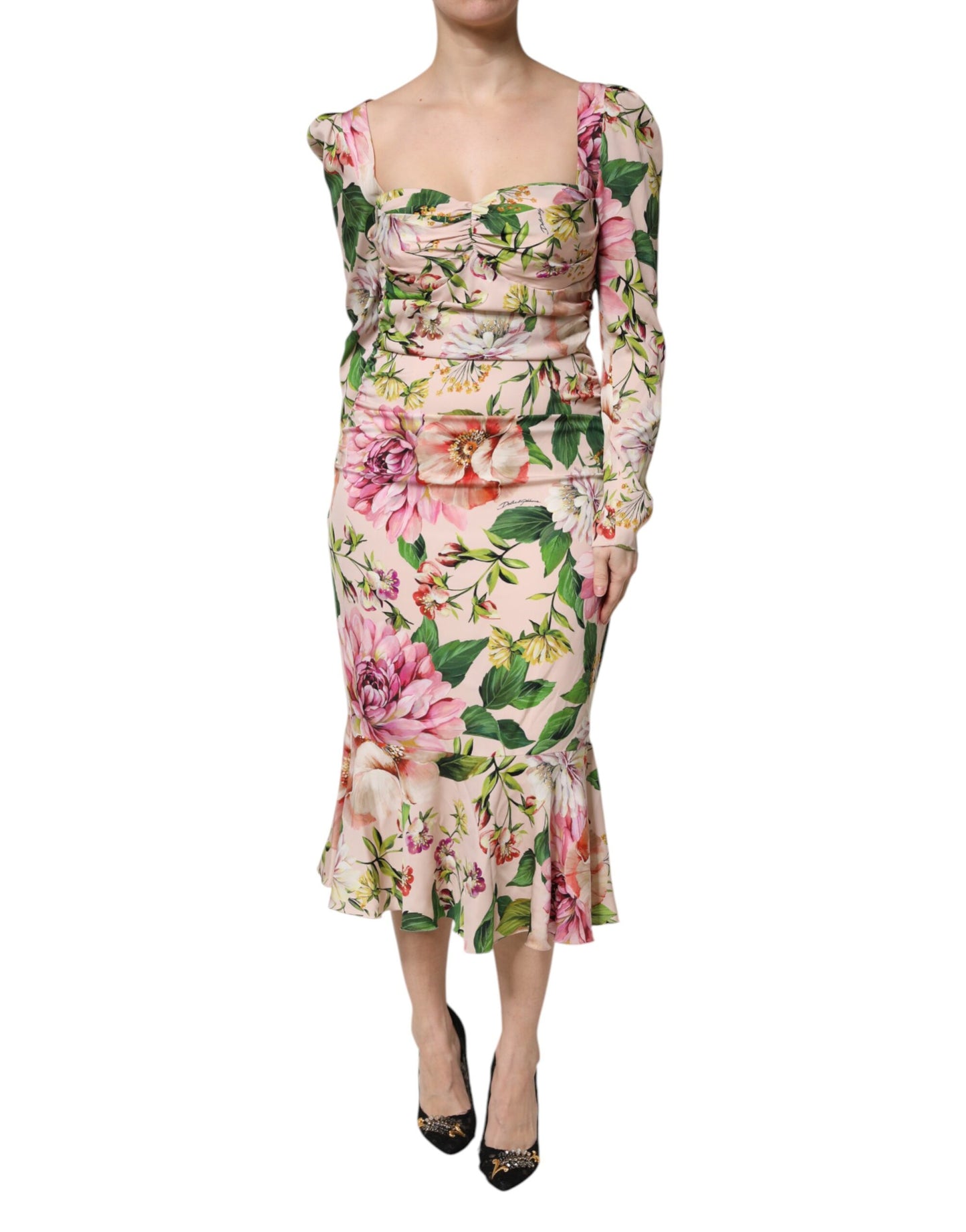 Vestido Midi Ajustado y Acampanado de Seda Floral Rosa de Dolce & Gabbana