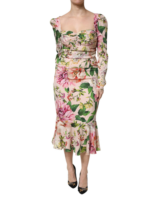Vestido Midi Ajustado y Acampanado de Seda Floral Rosa de Dolce & Gabbana