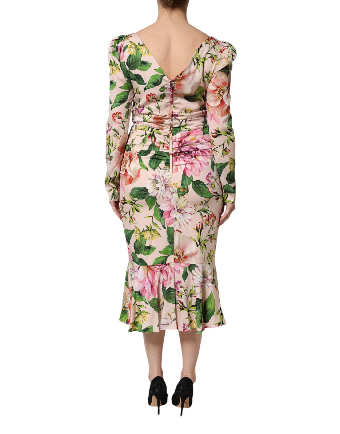 Vestido Midi Ajustado y Acampanado de Seda Floral Rosa de Dolce & Gabbana