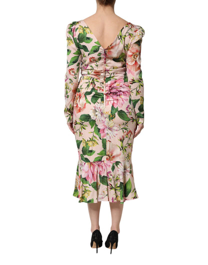 Vestido Midi Ajustado y Acampanado de Seda Floral Rosa de Dolce & Gabbana
