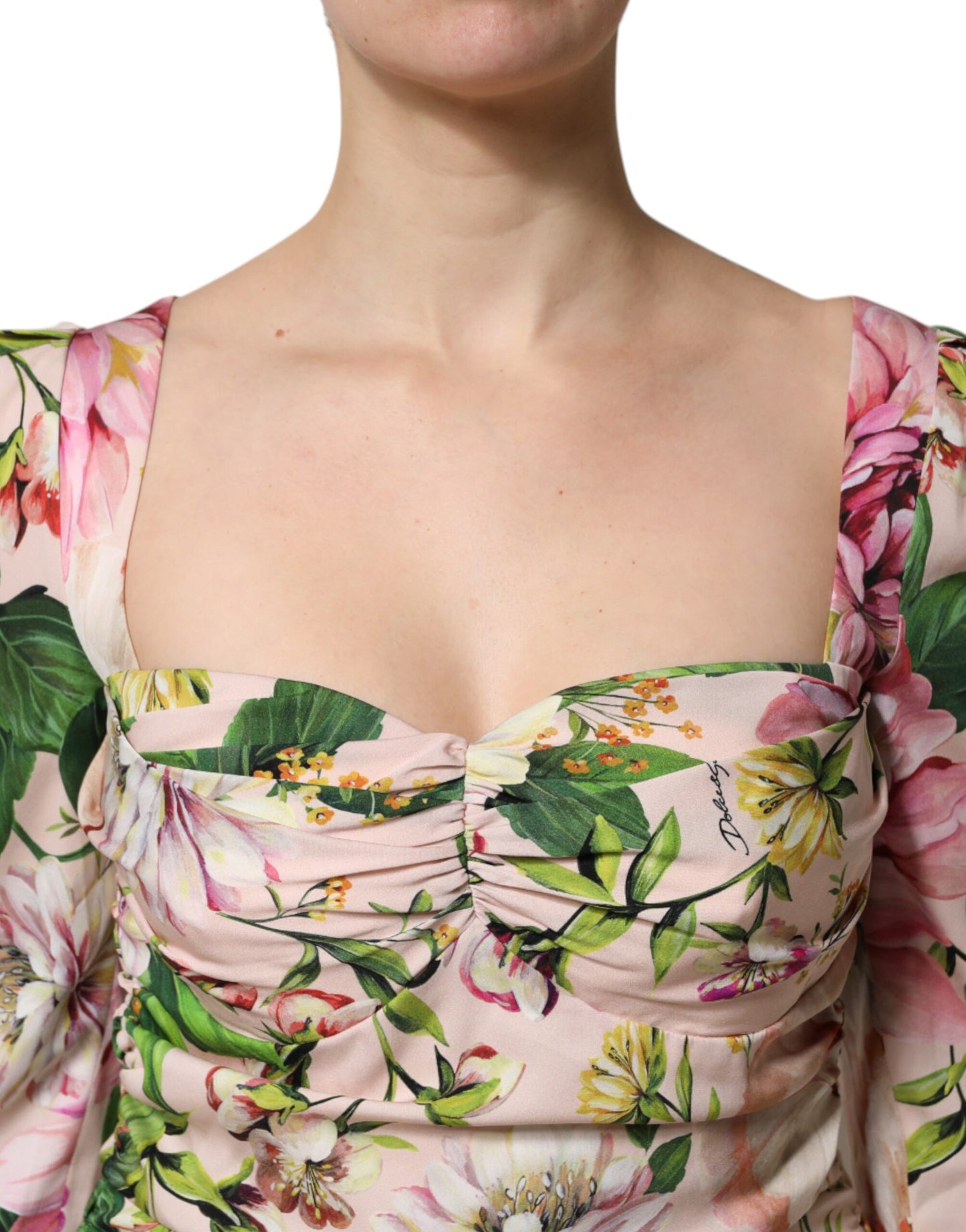 Vestido Midi Ajustado y Acampanado de Seda Floral Rosa de Dolce & Gabbana