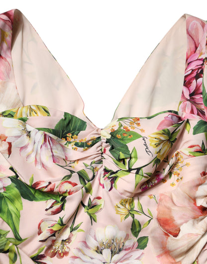 Vestido Midi Ajustado y Acampanado de Seda Floral Rosa de Dolce & Gabbana