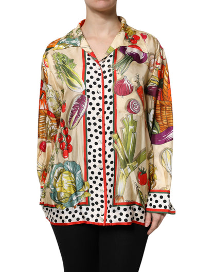 Top de seda de manga larga con estampado de vegetales multicolor Dolce & Gabbana