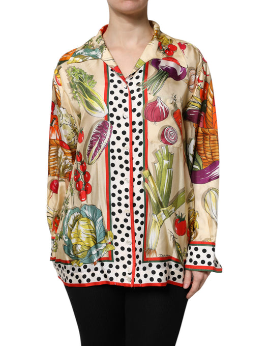 Top de seda de manga larga con estampado de vegetales multicolor Dolce & Gabbana