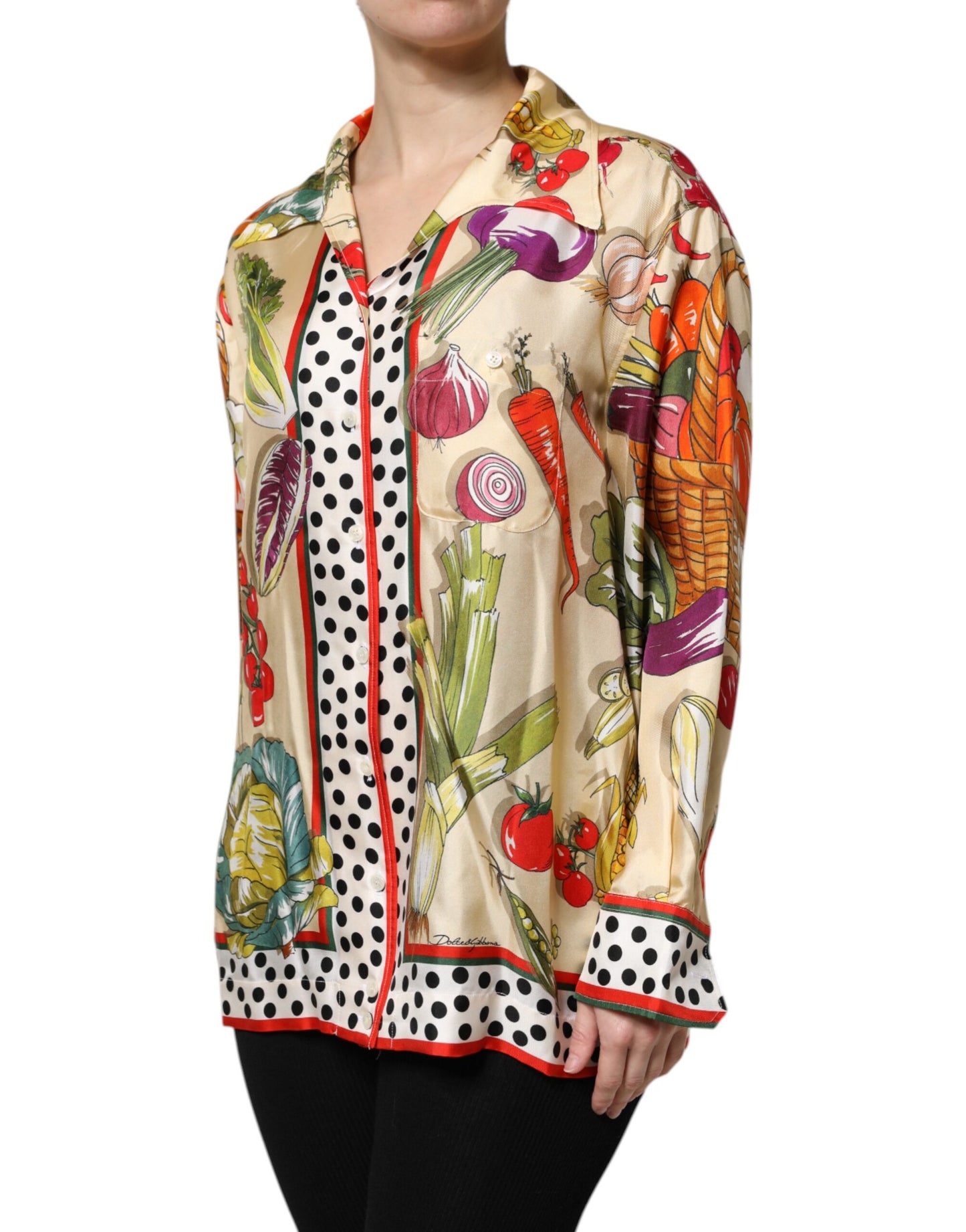Top de seda de manga larga con estampado de vegetales multicolor Dolce & Gabbana
