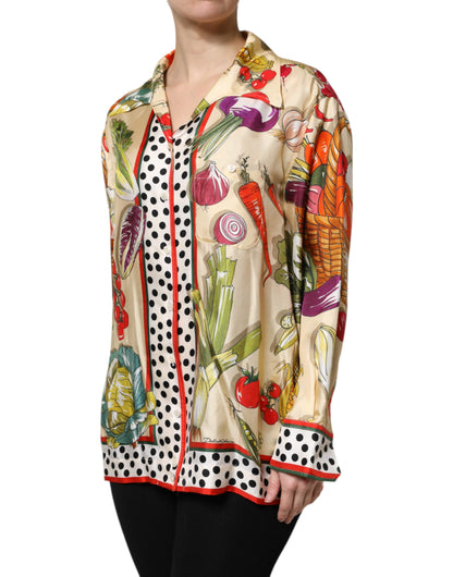 Top de seda de manga larga con estampado de vegetales multicolor Dolce & Gabbana