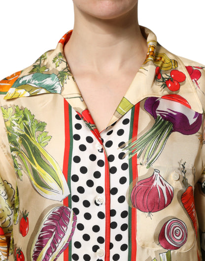 Top de seda de manga larga con estampado de vegetales multicolor Dolce & Gabbana