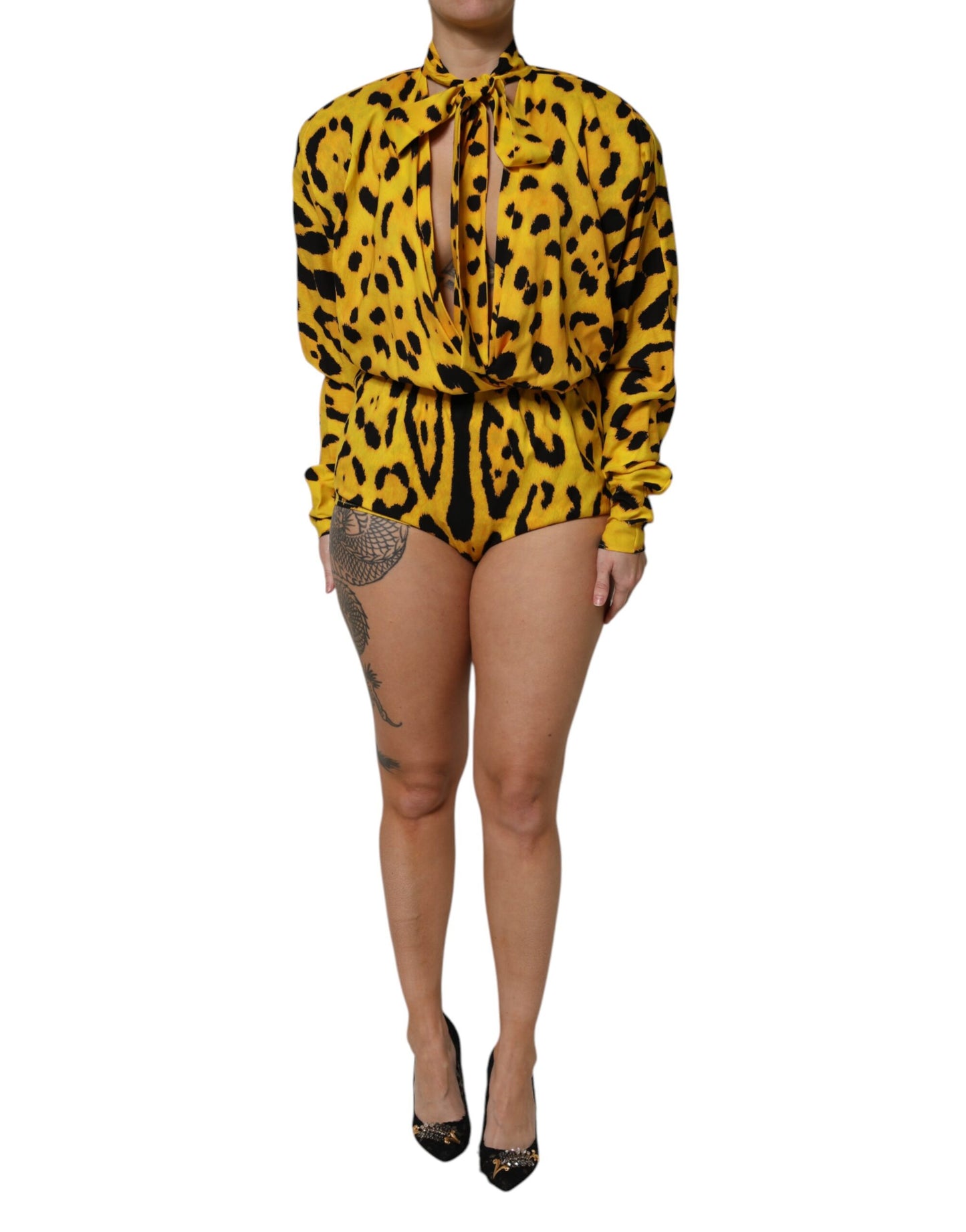 Vestido mono de manga larga con estampado de leopardo amarillo de Dolce & Gabbana