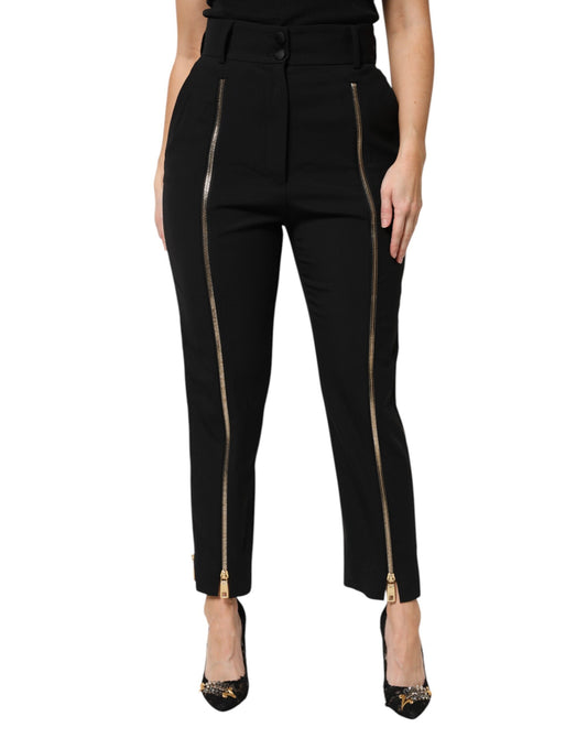 Pantalones de cintura alta cónicos con cremallera de lana negra de Dolce & Gabbana