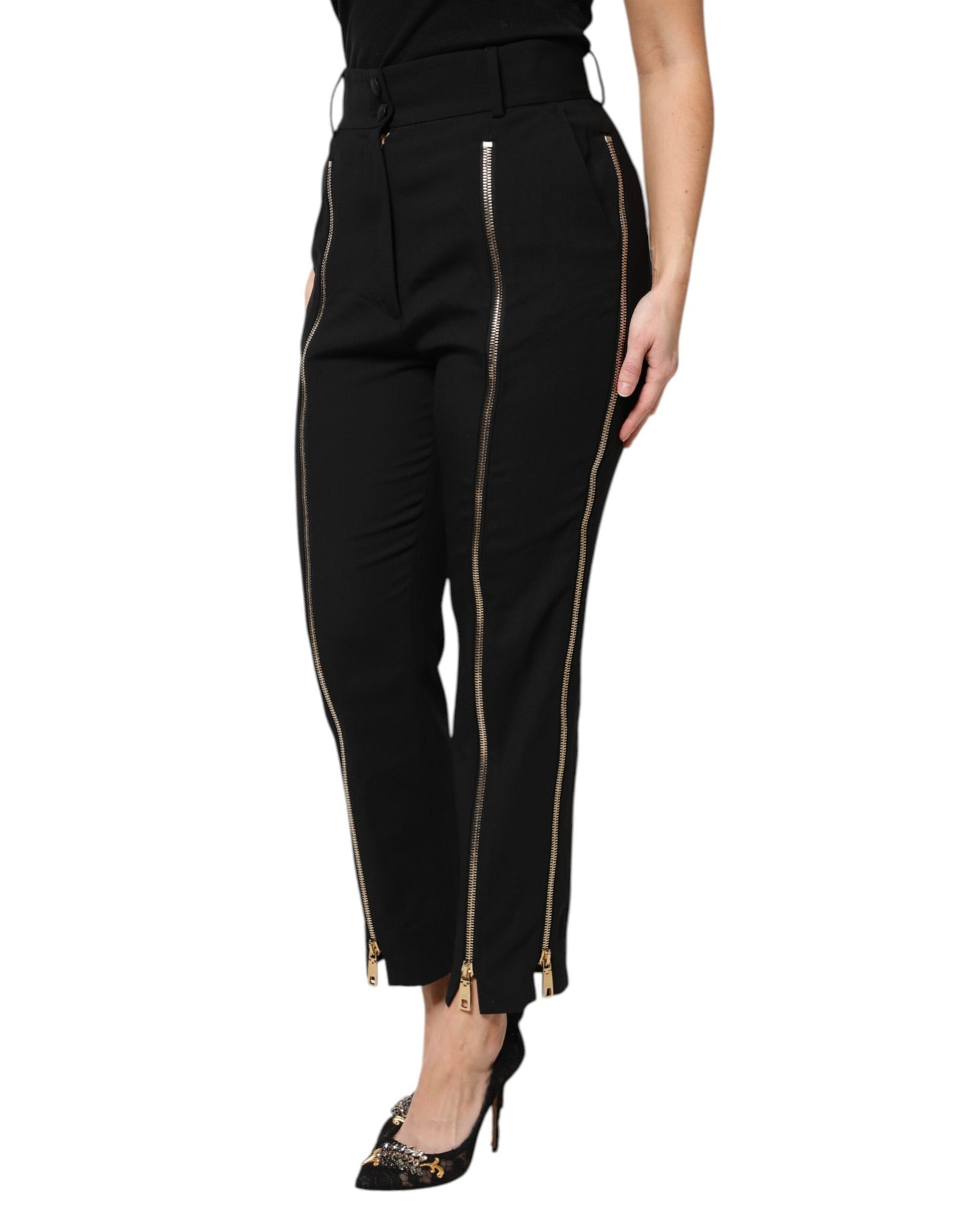 Pantalones de cintura alta cónicos con cremallera de lana negra de Dolce & Gabbana