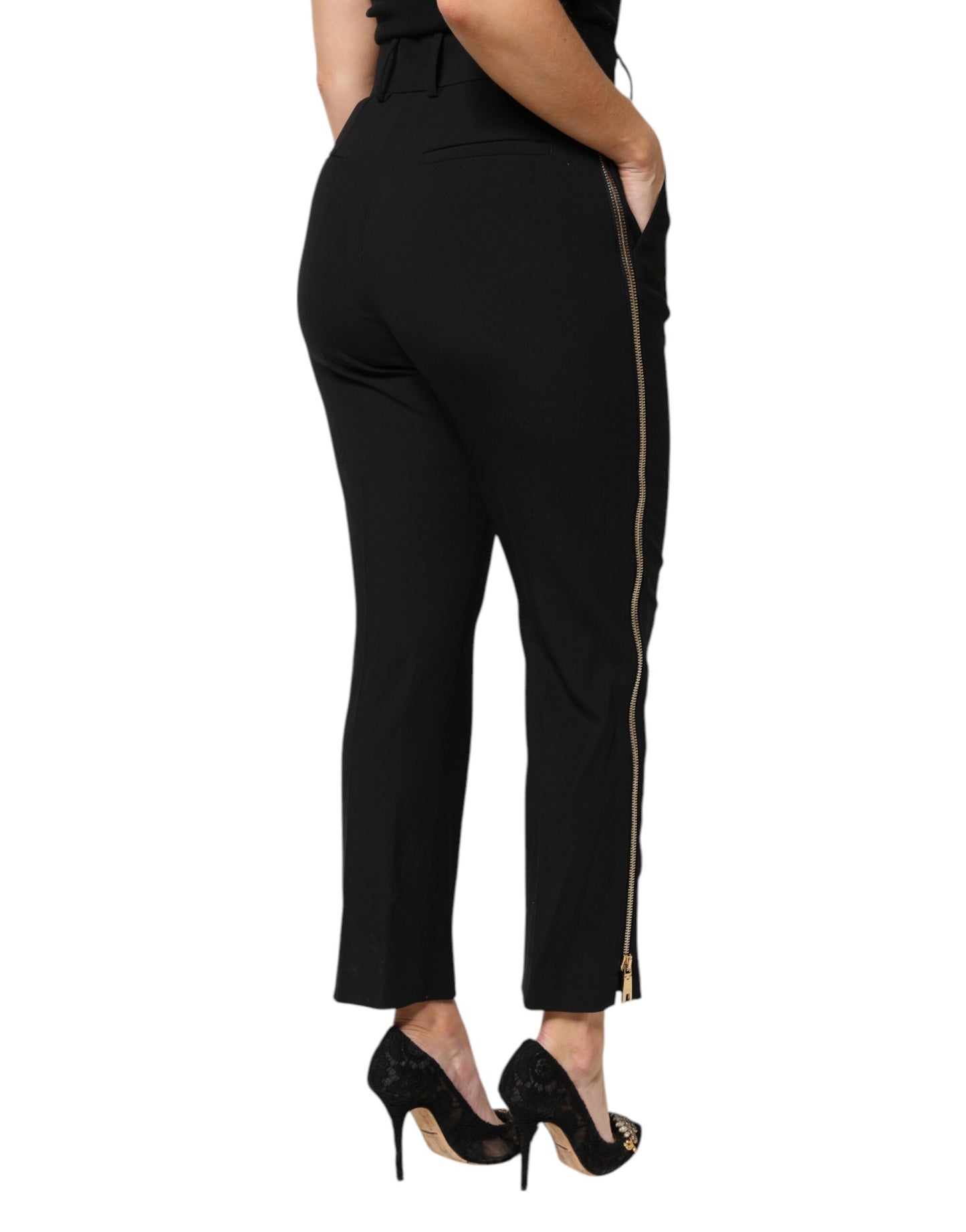 Pantalones de cintura alta cónicos con cremallera de lana negra de Dolce & Gabbana