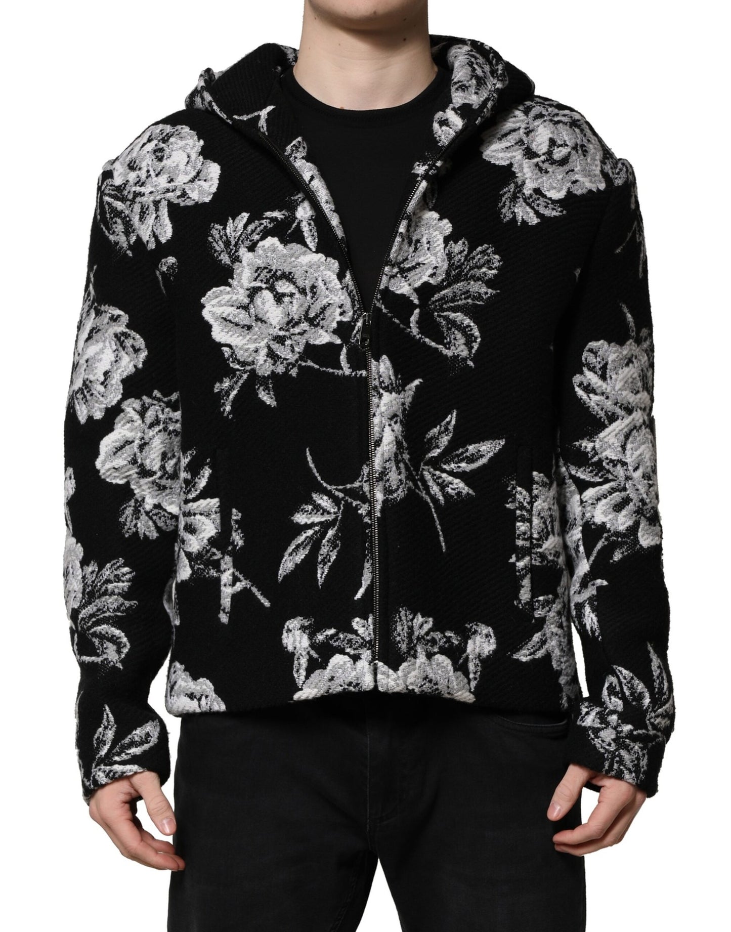 Chaqueta con capucha para hombre de lana negra con estampado floral de Dolce & Gabbana