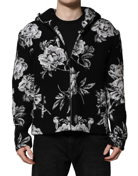 Chaqueta con capucha para hombre de lana negra con estampado floral de Dolce & Gabbana