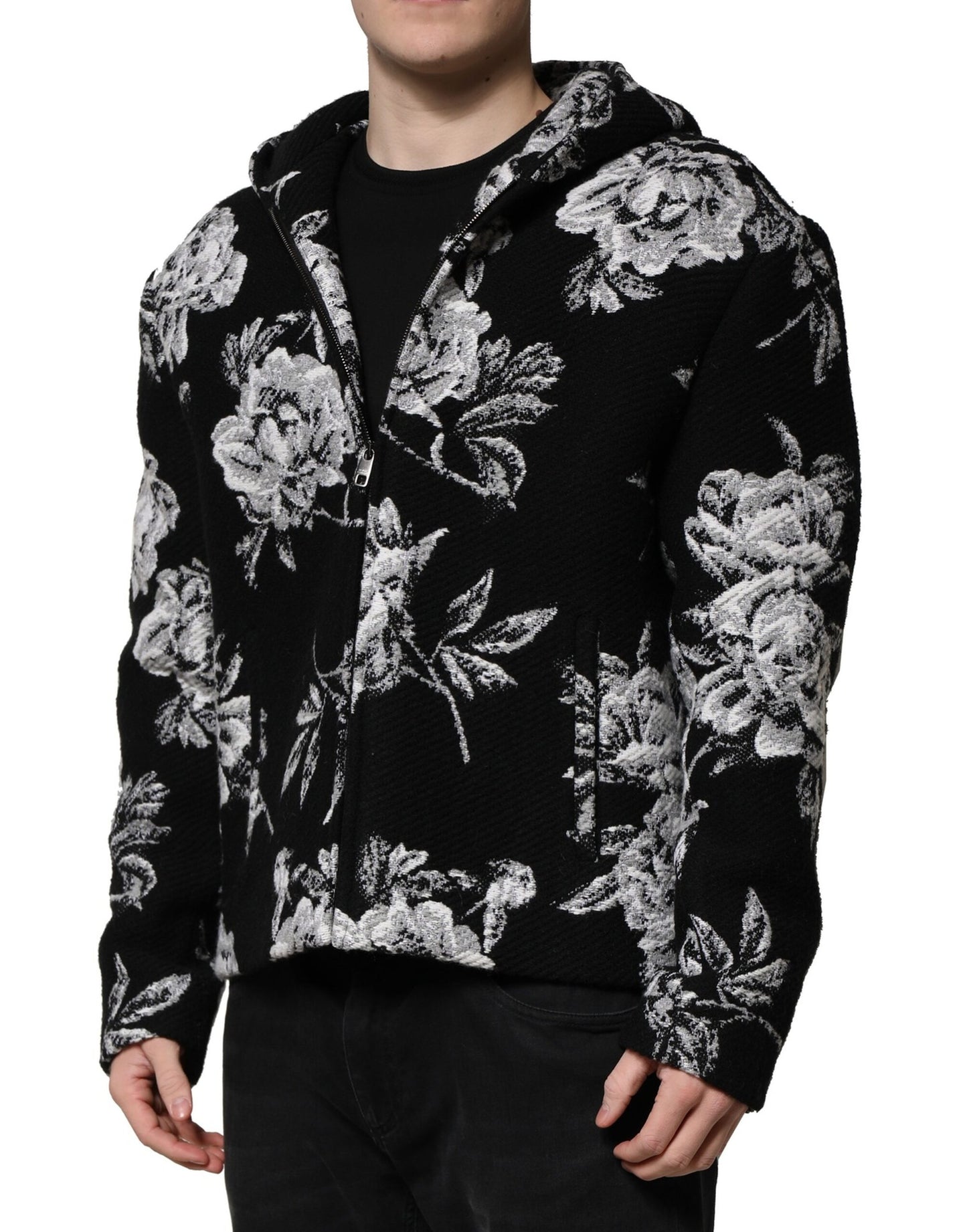 Chaqueta con capucha para hombre de lana negra con estampado floral de Dolce & Gabbana