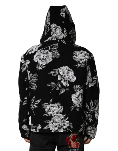 Chaqueta con capucha para hombre de lana negra con estampado floral de Dolce & Gabbana