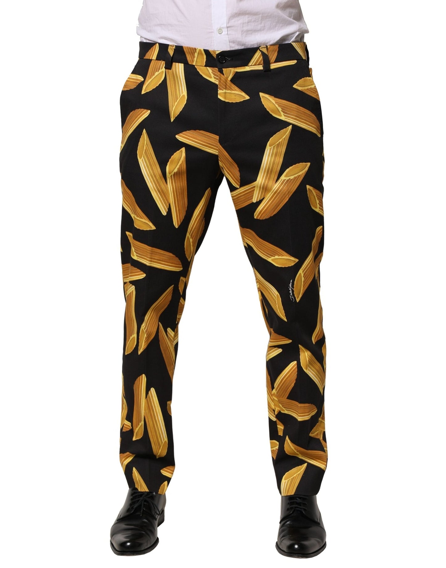 Pantalones cónicos de hombre negros con estampado de pasta de Dolce & Gabbana