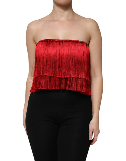 Top corto tipo tubo sin tirantes de seda roja con flecos Dolce & Gabbana