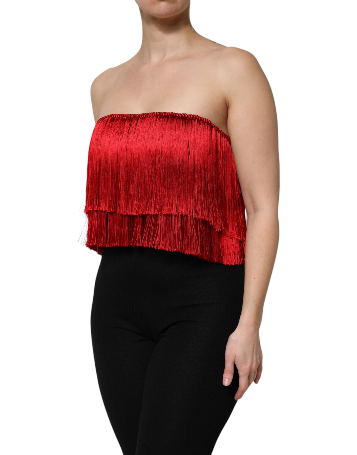 Top corto tipo tubo sin tirantes de seda roja con flecos Dolce & Gabbana