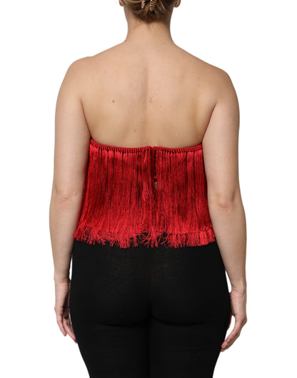 Top corto tipo tubo sin tirantes de seda roja con flecos Dolce & Gabbana