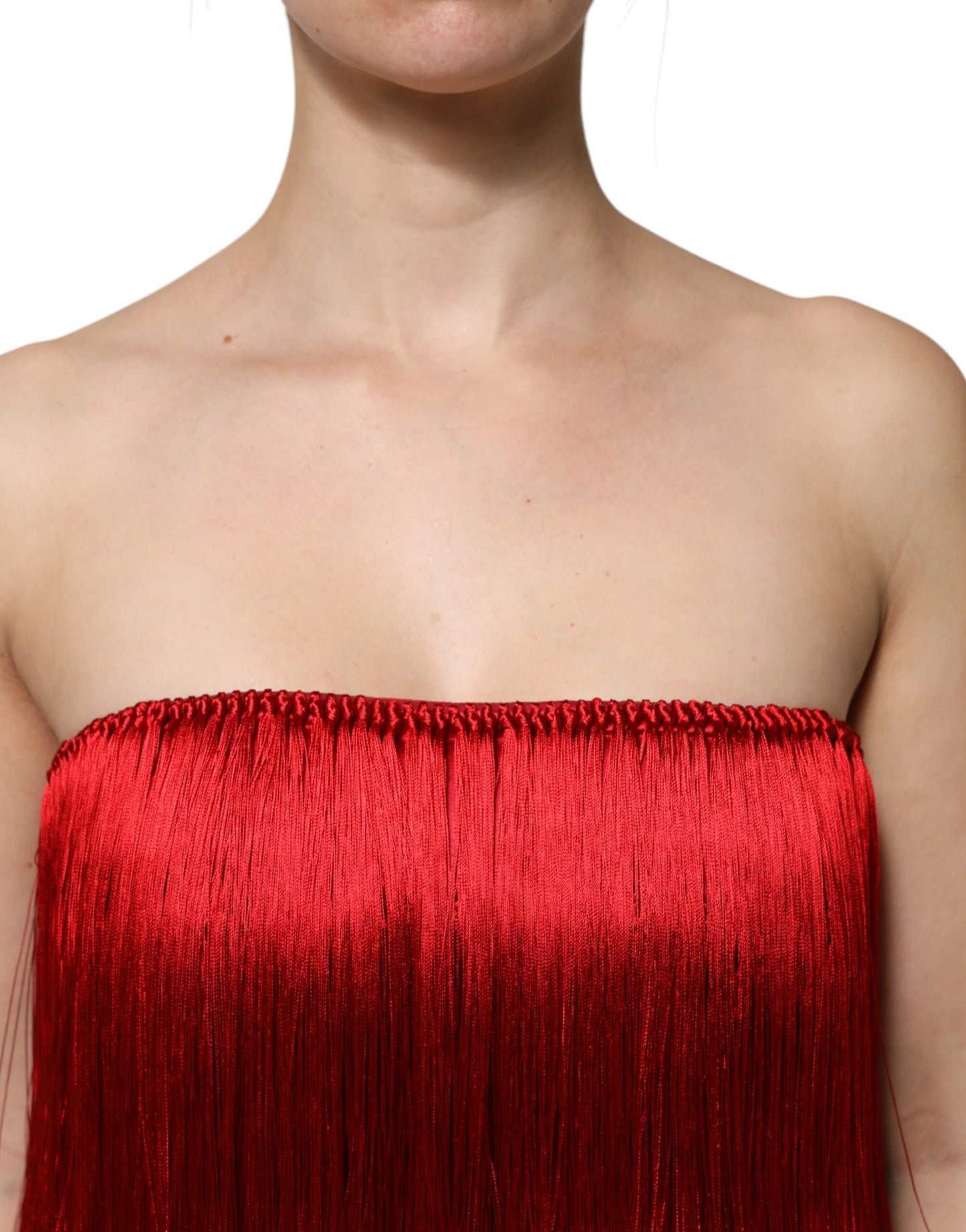 Top corto tipo tubo sin tirantes de seda roja con flecos Dolce & Gabbana