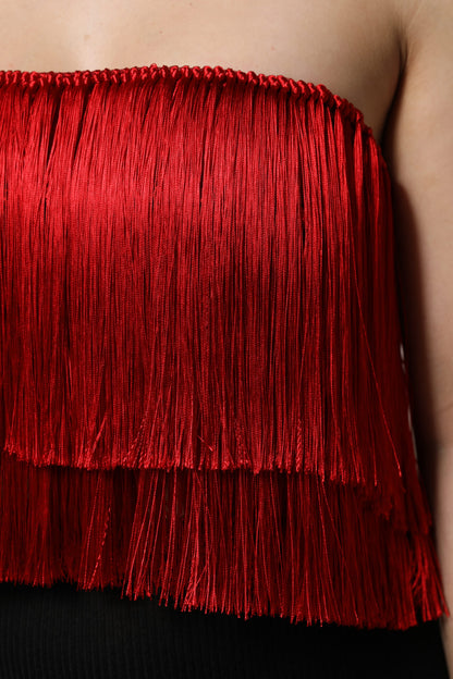 Top corto tipo tubo sin tirantes de seda roja con flecos Dolce & Gabbana