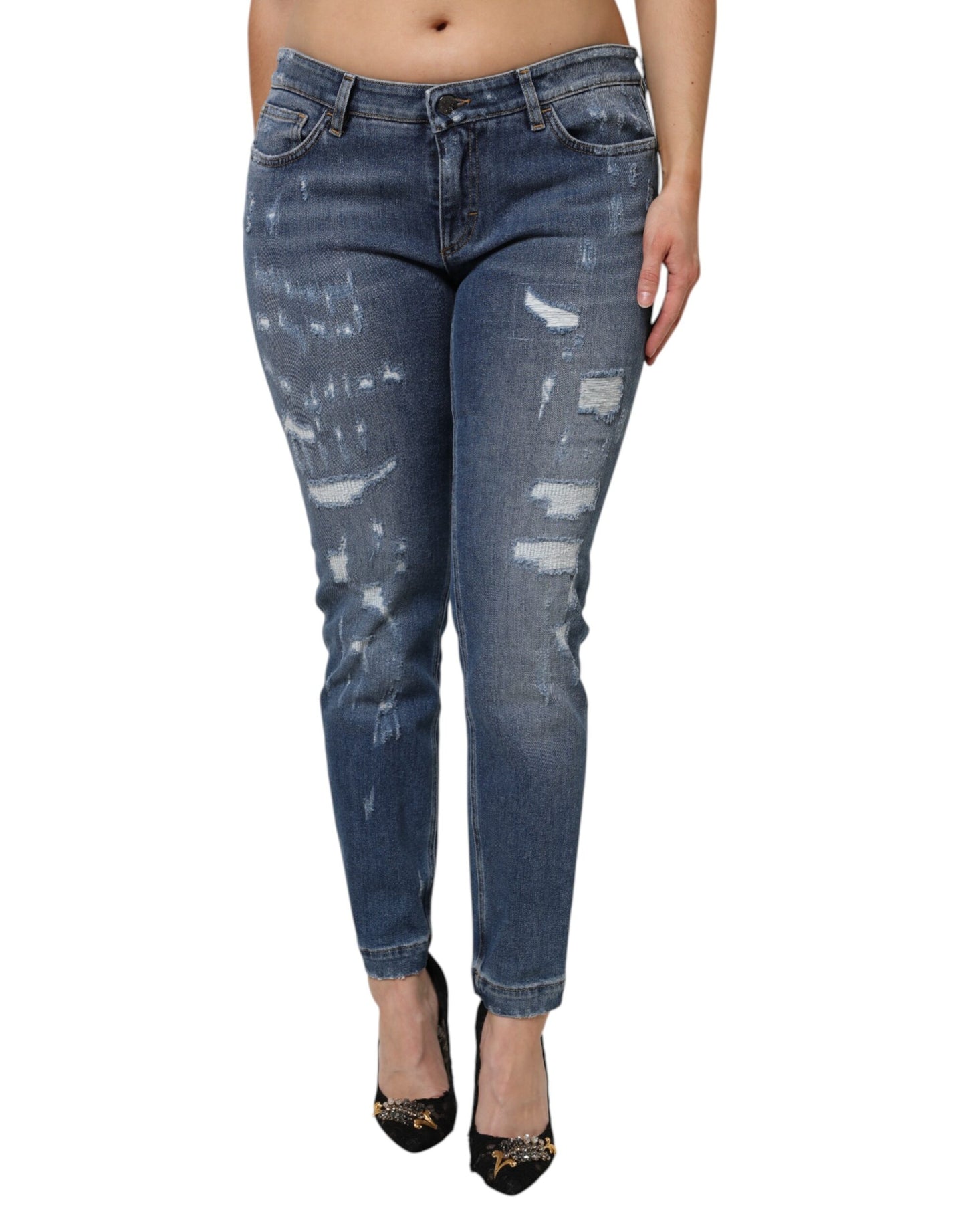 Jeans de mezclilla Dolce & Gabbana de algodón azul desgastado de tiro bajo