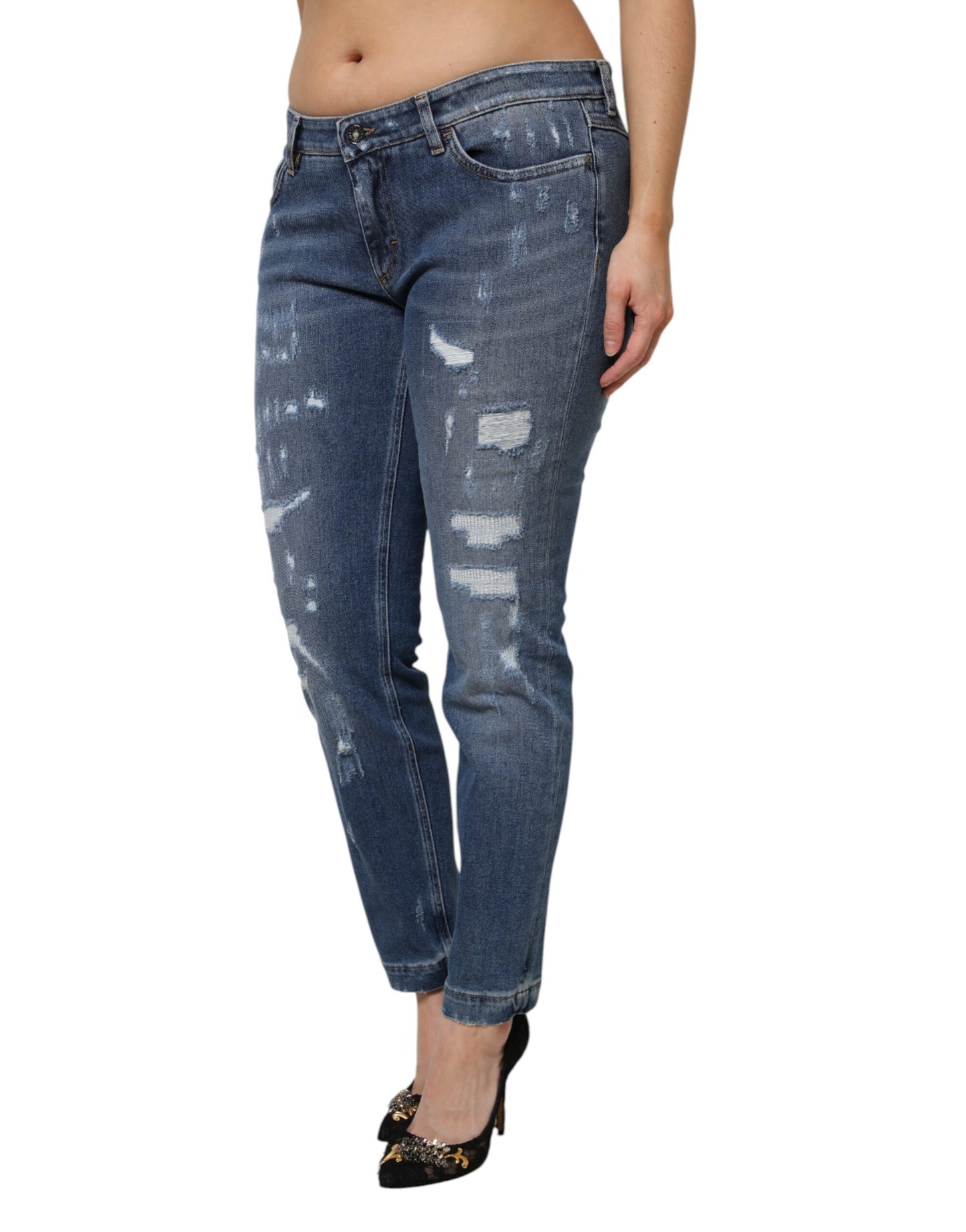 Jeans de mezclilla Dolce & Gabbana de algodón azul desgastado de tiro bajo