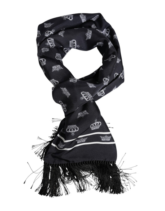 Foulard bufanda de seda negra para hombre con corona y flecos de Dolce & Gabbana