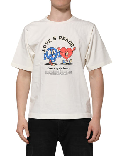 Dolce & Gabbana Camiseta de algodón con cuello redondo para hombre, color blanco, con estampado Love Peace