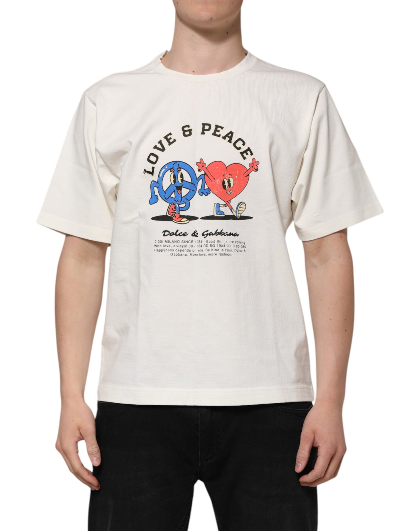 Dolce & Gabbana Camiseta de algodón con cuello redondo para hombre, color blanco, con estampado Love Peace