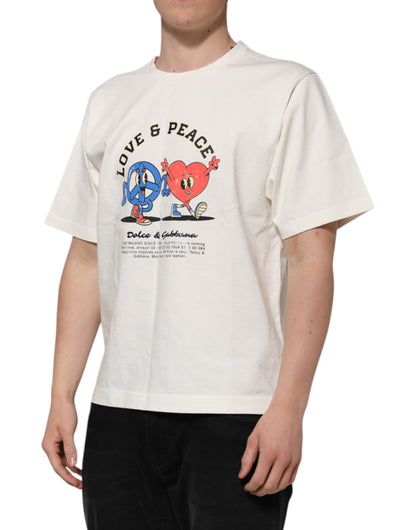Dolce & Gabbana Camiseta de algodón con cuello redondo para hombre, color blanco, con estampado Love Peace