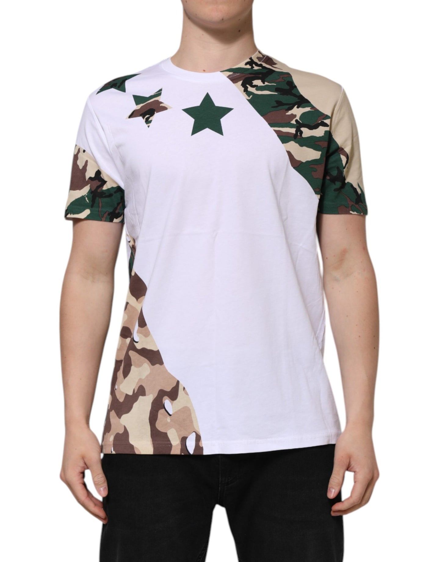 Camiseta de cuello redondo de algodón con estampado de camuflaje blanco para hombre de Dolce & Gabbana