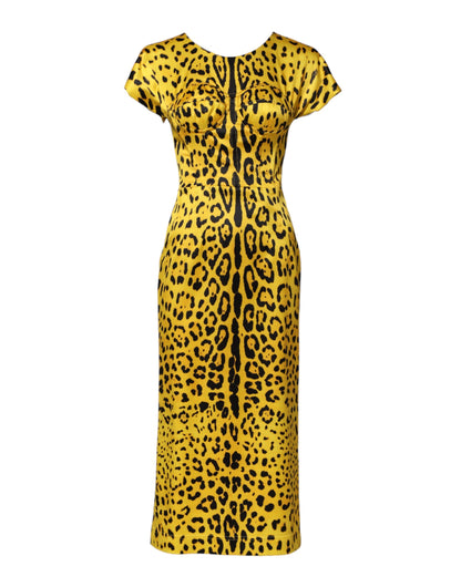 Vestido midi ajustado de poliéster amarillo con estampado de leopardo de Dolce & Gabbana