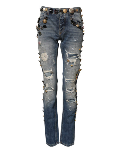 Vaqueros ajustados de mezclilla de Dolce & Gabbana azules adornados y desgastados