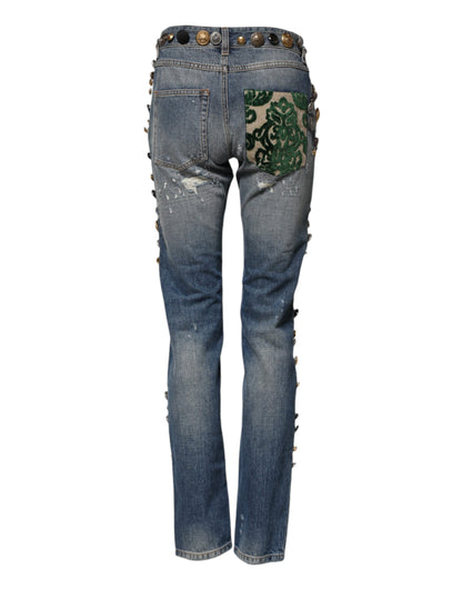 Vaqueros ajustados de mezclilla de Dolce & Gabbana azules adornados y desgastados