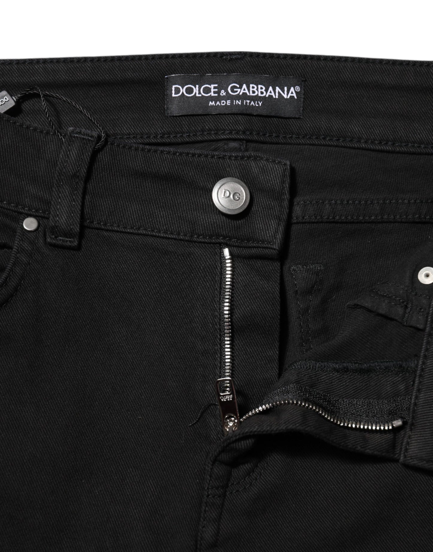 Jeans de mezclilla ajustados de tiro medio con logo de algodón negro Dolce & Gabbana