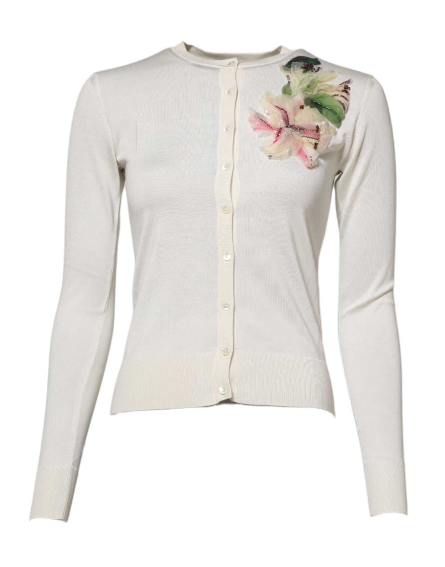 Cárdigan de seda blanca con adornos de lirios de Dolce & Gabbana