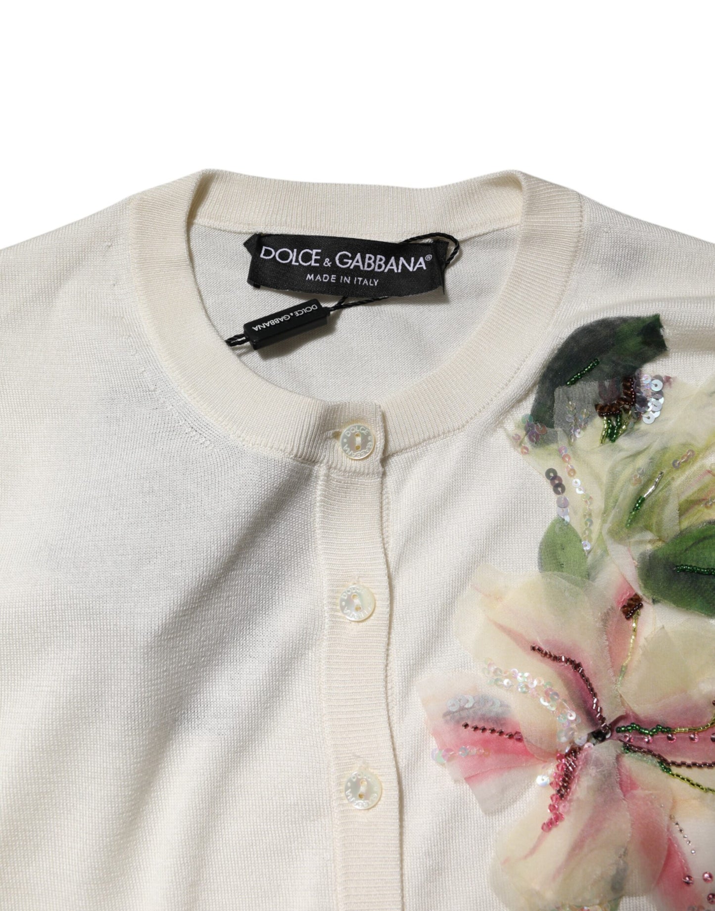 Cárdigan de seda blanca con adornos de lirios de Dolce & Gabbana