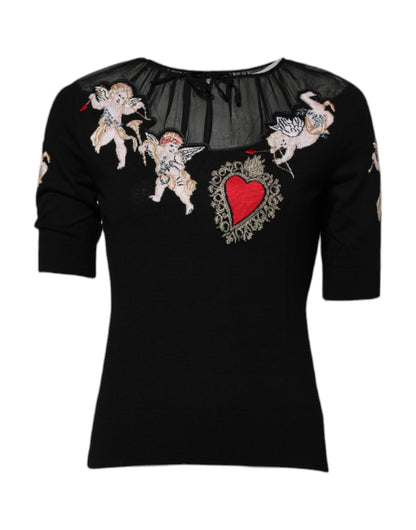 Top de cuello redondo bordado con corazón sacro negro de Dolce & Gabbana