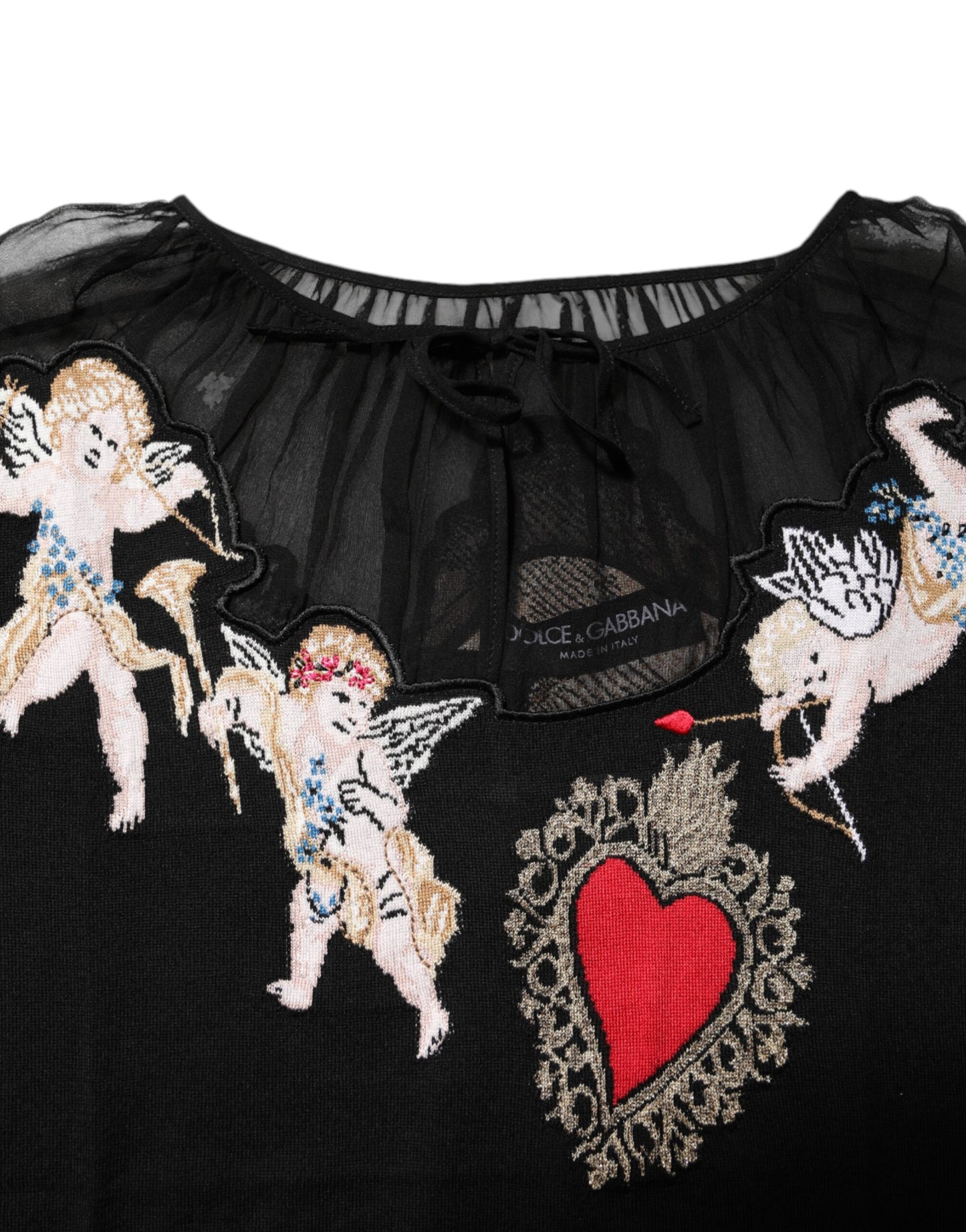 Top de cuello redondo bordado con corazón sacro negro de Dolce & Gabbana