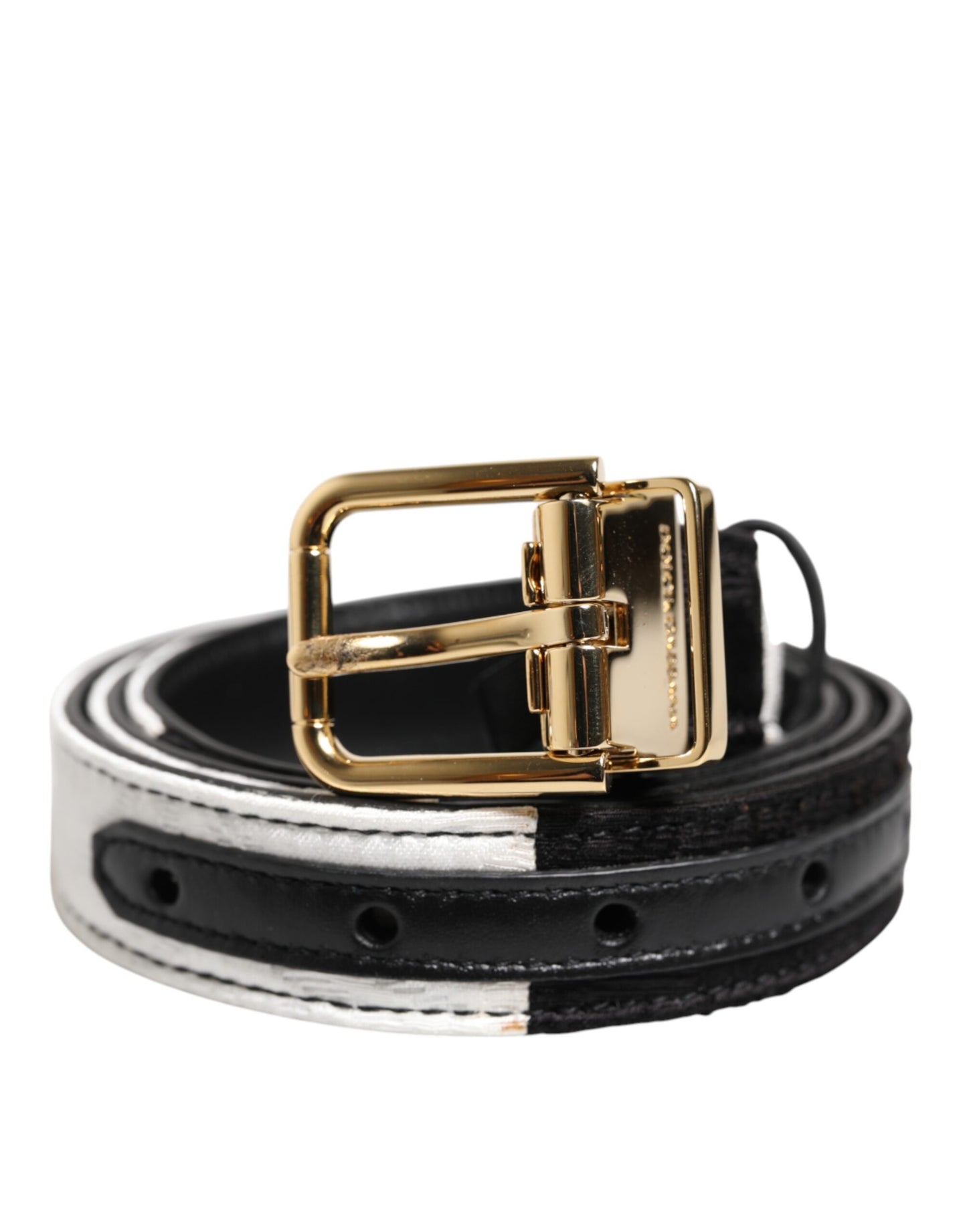 Cinturón Dolce & Gabbana Negro Blanco Patchwork Hebilla de Metal Dorada
