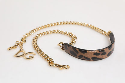 Dolce & Gabbana Bandolera con Cadena de Latón Dorado, Estampado Leopardo Marrón