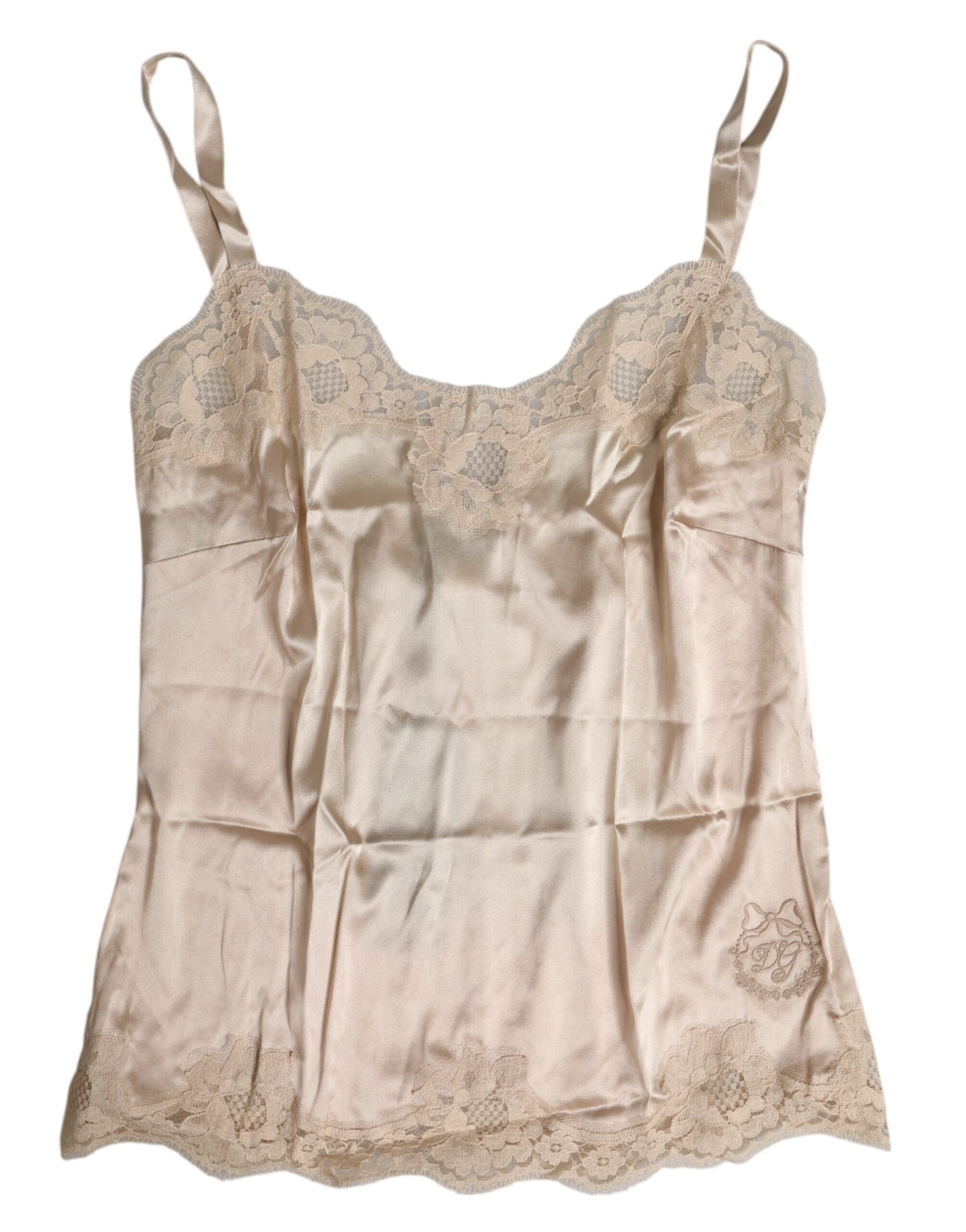 Dolce & Gabbana Camiseta de tirantes de seda y satén de encaje beige Ropa interior