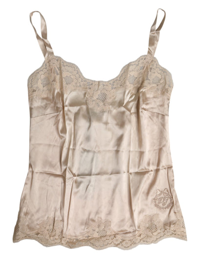 Dolce & Gabbana Camiseta de tirantes de seda y satén de encaje beige Ropa interior