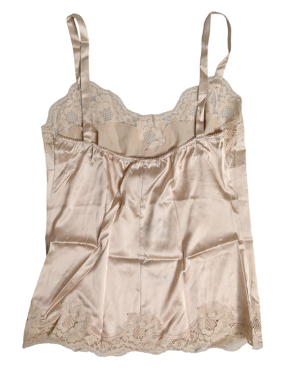 Dolce & Gabbana Camiseta de tirantes de seda y satén de encaje beige Ropa interior