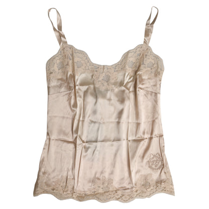 Dolce & Gabbana Camiseta de tirantes de seda y satén de encaje beige Ropa interior
