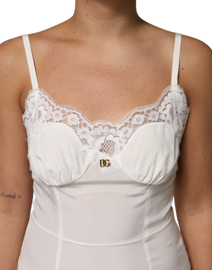 Dolce & Gabbana Vestido Lencero de Seda Blanco de Encaje con Logotipo DG