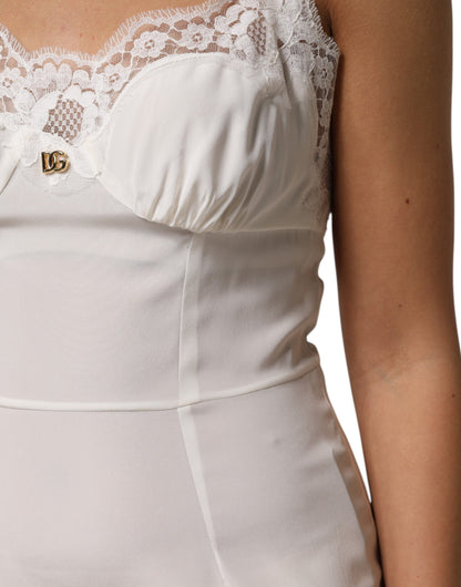 Dolce & Gabbana Vestido Lencero de Seda Blanco de Encaje con Logotipo DG